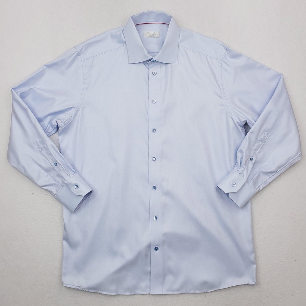 Eton Dress Shirt Mens 17 Blue Solid Slim Fit Contemporary Long Sleeve Cotton
